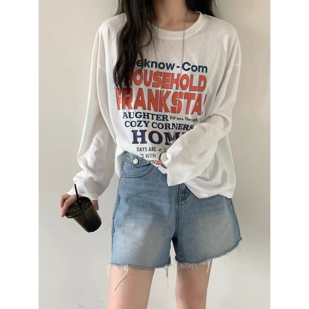 2025夏季新款韩系撞色字母印花圆领长袖防晒衫宽松百搭薄款T恤