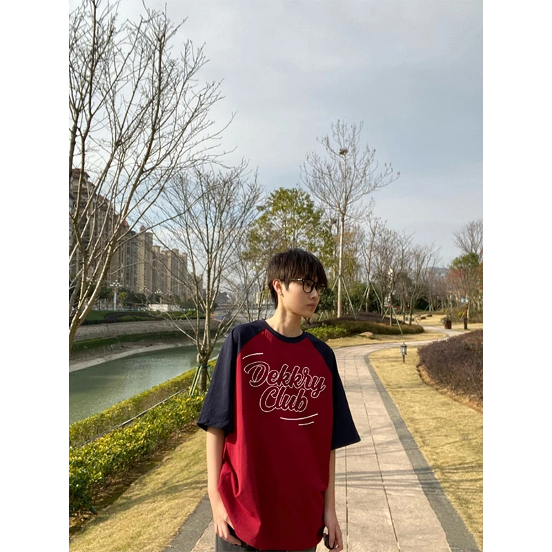 街头风字母印花纯棉短袖T恤男夏季休闲百搭藏青色拼酒红色上衣女