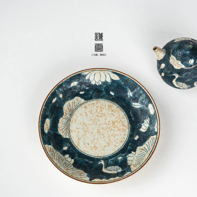 谦云手绘青花火石一鹭莲科壶承干泡盘复古功夫茶具泡茶茶点盘