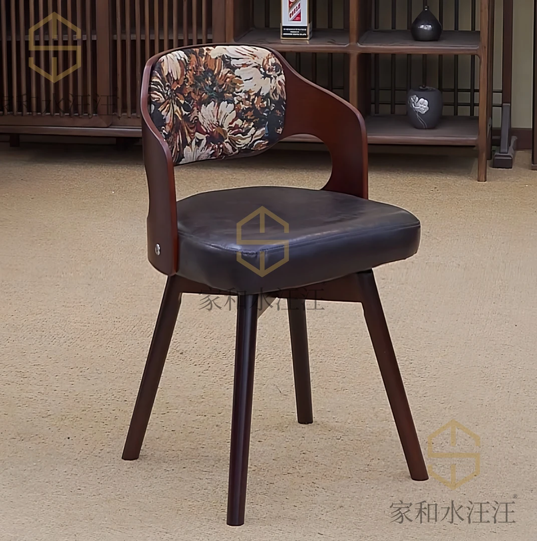 皮艺布艺新中式实木旋转餐椅休闲学习梳妆椅