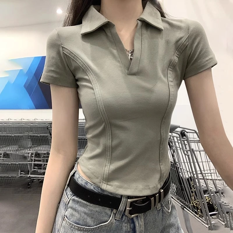 2025夏季韩版修身正肩polo短袖T恤女鱼骨线条设计感V领别致短上衣