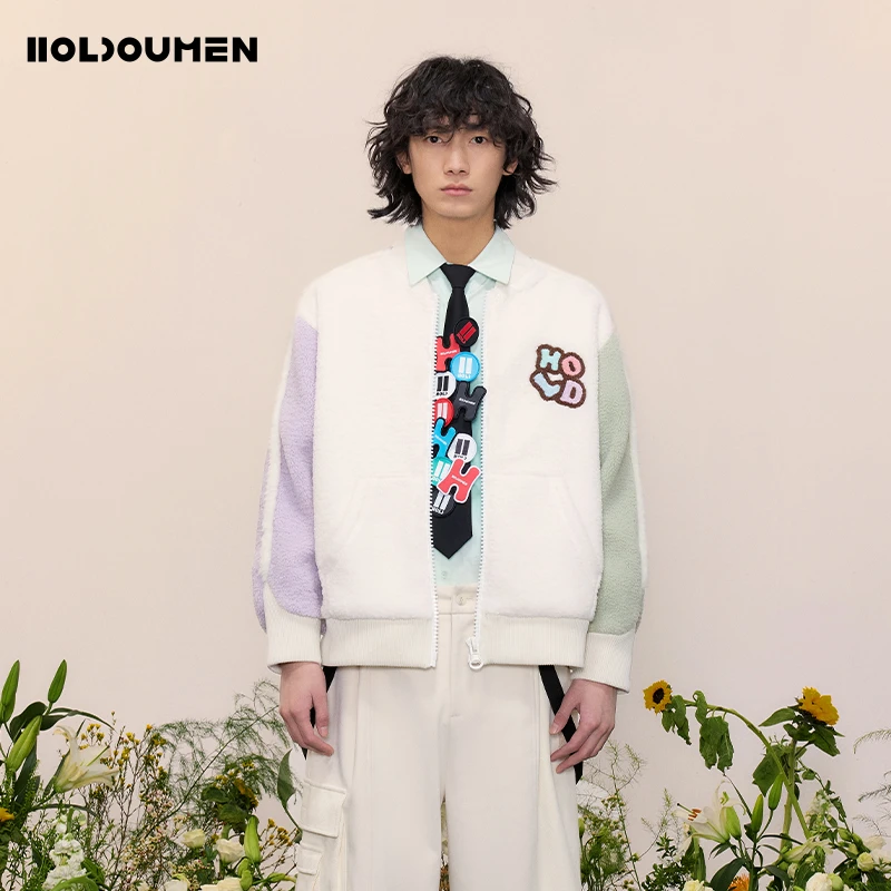 Holdoumen25春夏日常系列米白色拼接仿羊羔毛外套