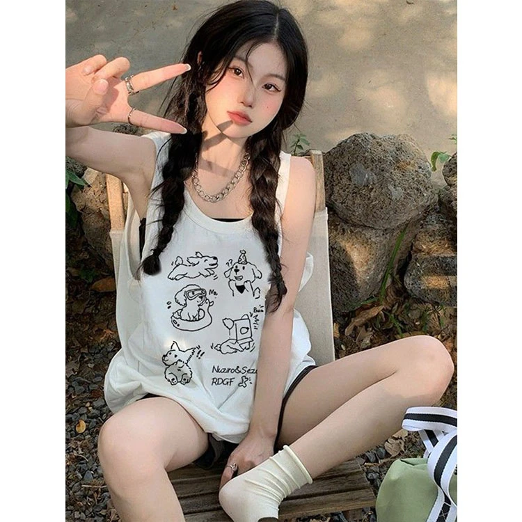 艺术生奶乖可爱小狗印花白色纯棉吊带背心女宽松无袖t恤外穿上衣