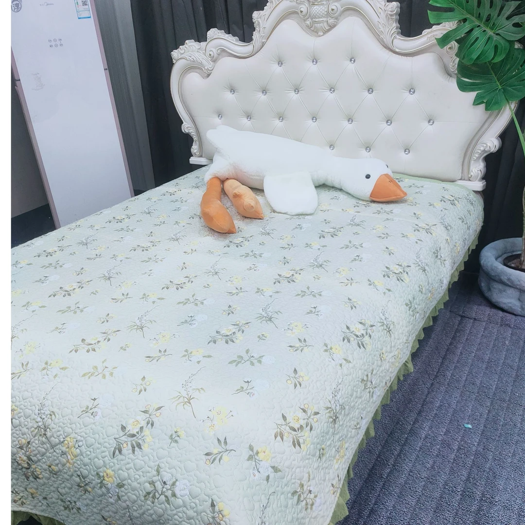 绿色系法式蓝色系花边加厚印花被防滑亲肤双面床盖款