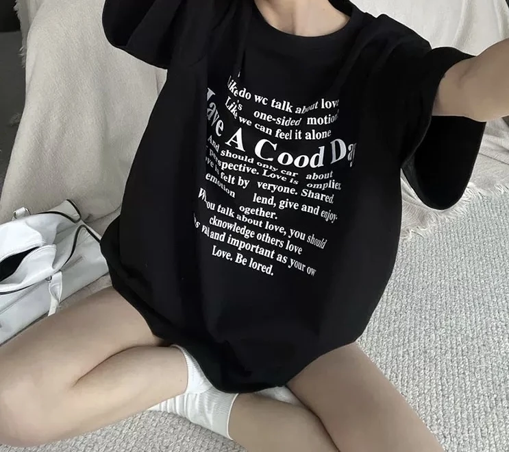 美式辣妹黑色纯棉休闲T恤女大码胖mm宽松慵懒港风中长款