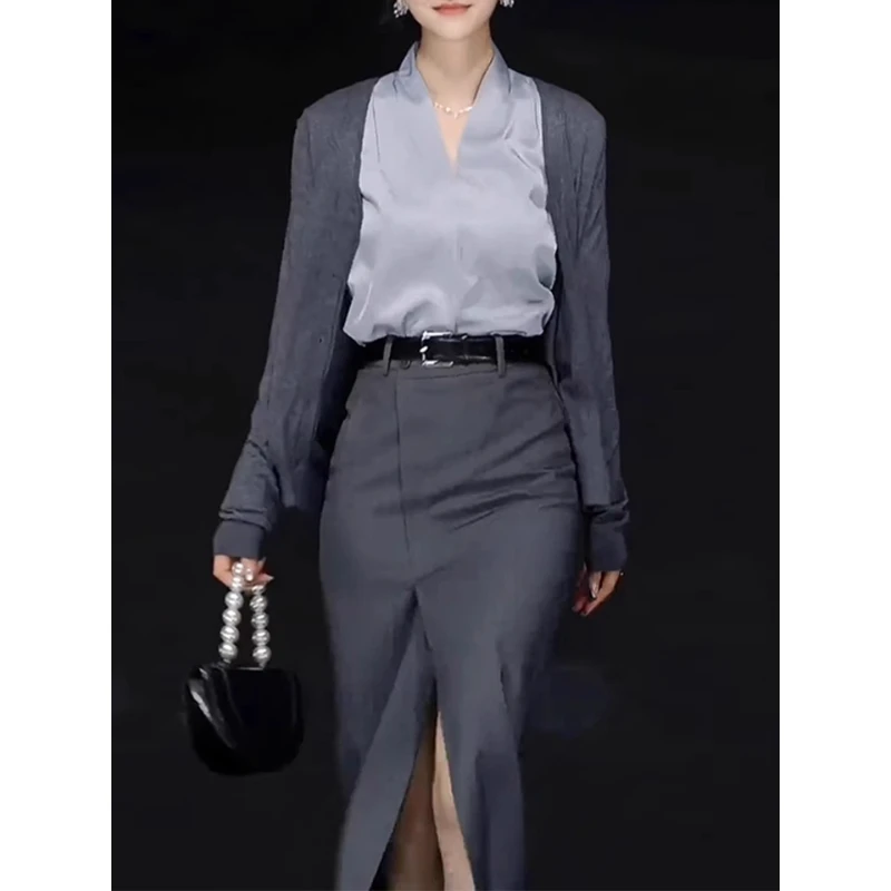 拉夏贝尔知性爆款套装女2025秋季新款V领开衫侧开叉半身裙三件套