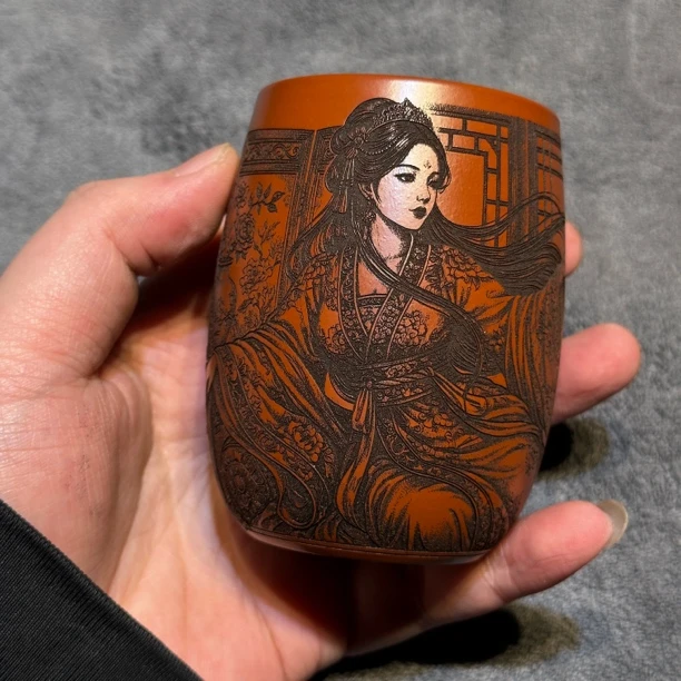 宜兴精品貂蝉美女紫砂主人杯,容量160cc泥料朱泥大红袍茶具紫砂杯