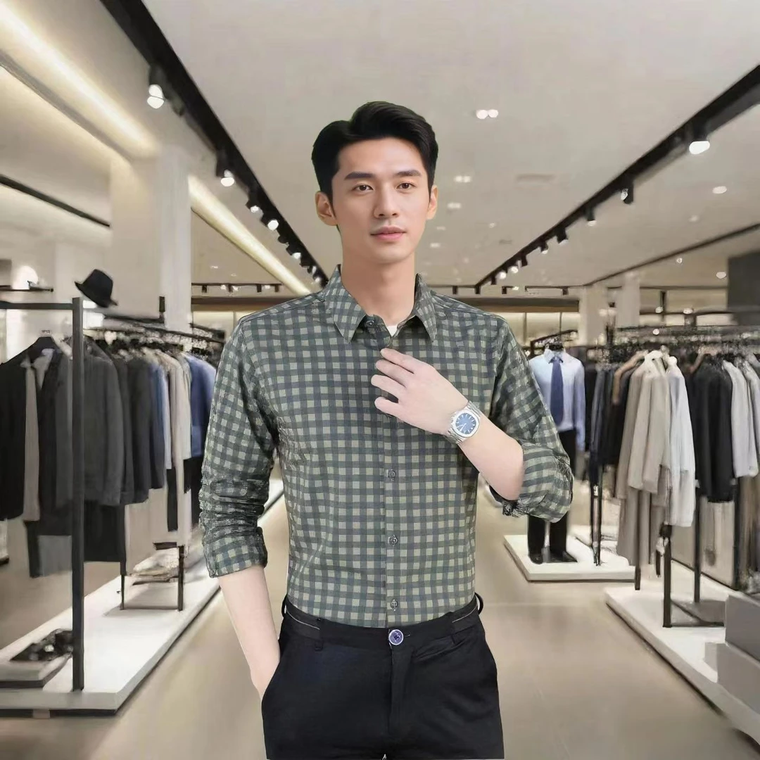 春秋季新品男款高档格子长袖衬衫竹纤维弹力抗皱轻商务数码印花