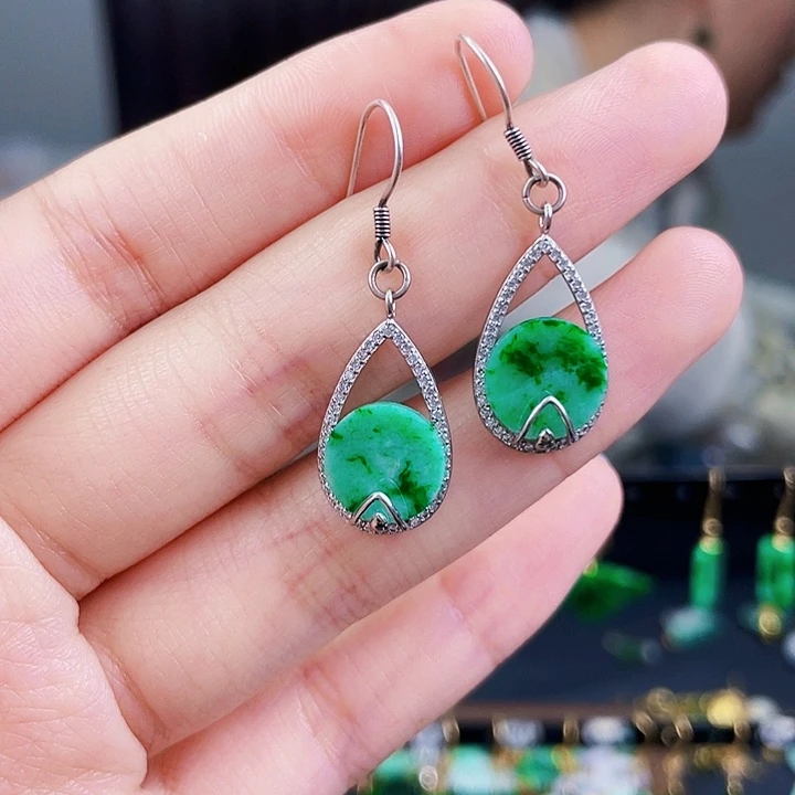 翡翠耳饰银S925镶嵌饰品