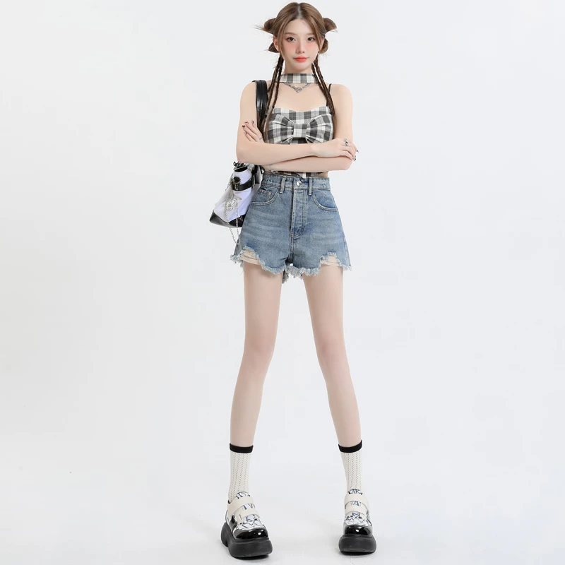 美式高腰牛仔短裤女毛边破洞裤脚显瘦小个子A字宽松显瘦阔腿热裤