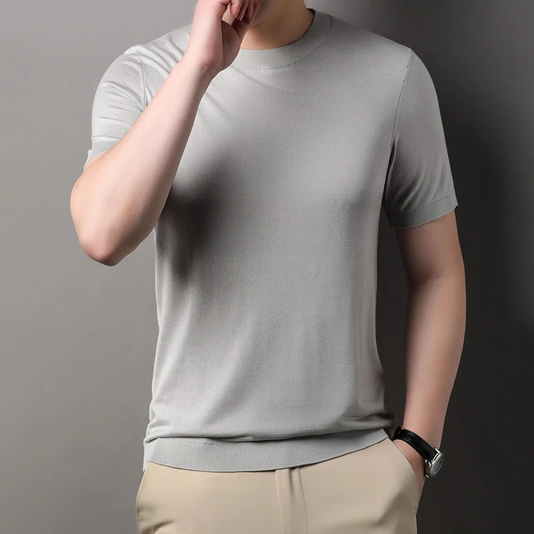 冰丝凉感T100%天丝男士半袖弹力圆领薄款纯色商务