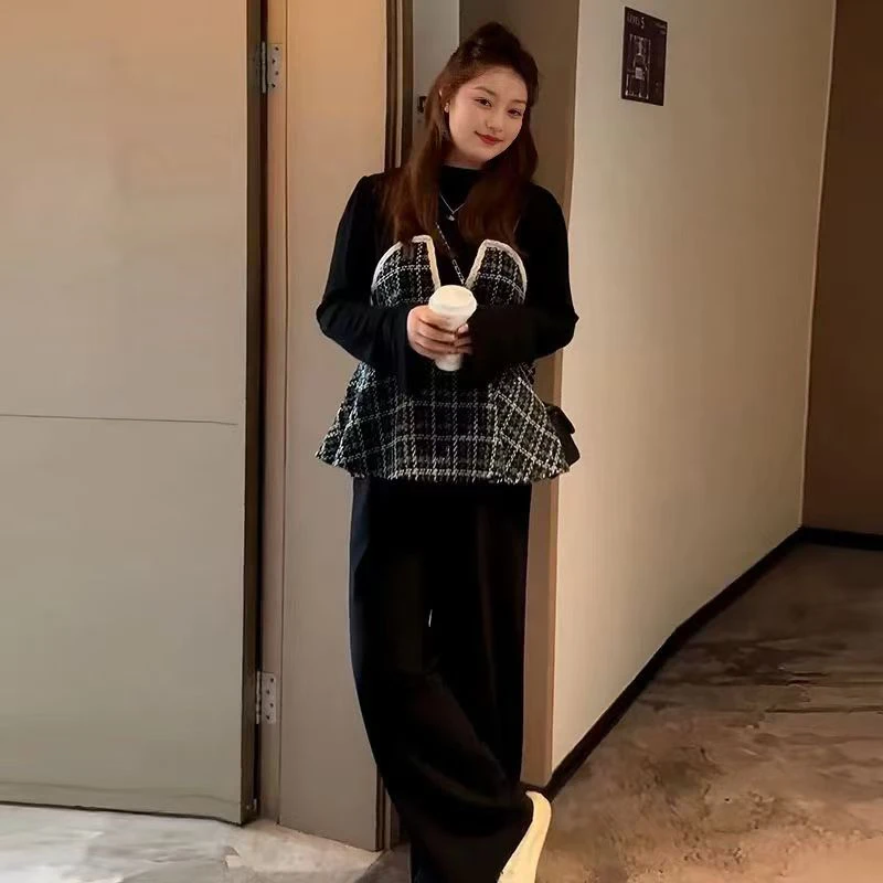 ～（姐姐家）韩饭风减龄格子拼接显瘦套装时尚