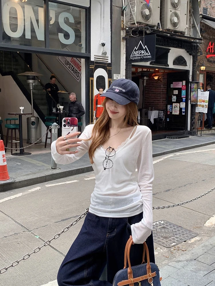 薄款微透V领防晒罩衫长袖2025春季纯欲风蕾丝V领带胸垫吊带两件装