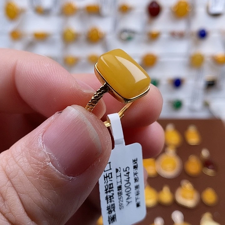 蜜蜡银S925镀金镶嵌戒指