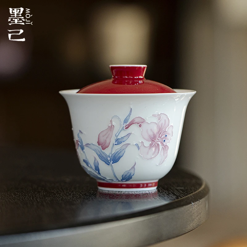 墨己-丹霞-有田烧百合-白瓷釉下彩华初盖碗