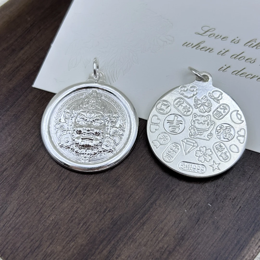 吊坠925银锆石 S925纯银扎基拉姆黄财神双面吊坠纯银男女款坠藏传