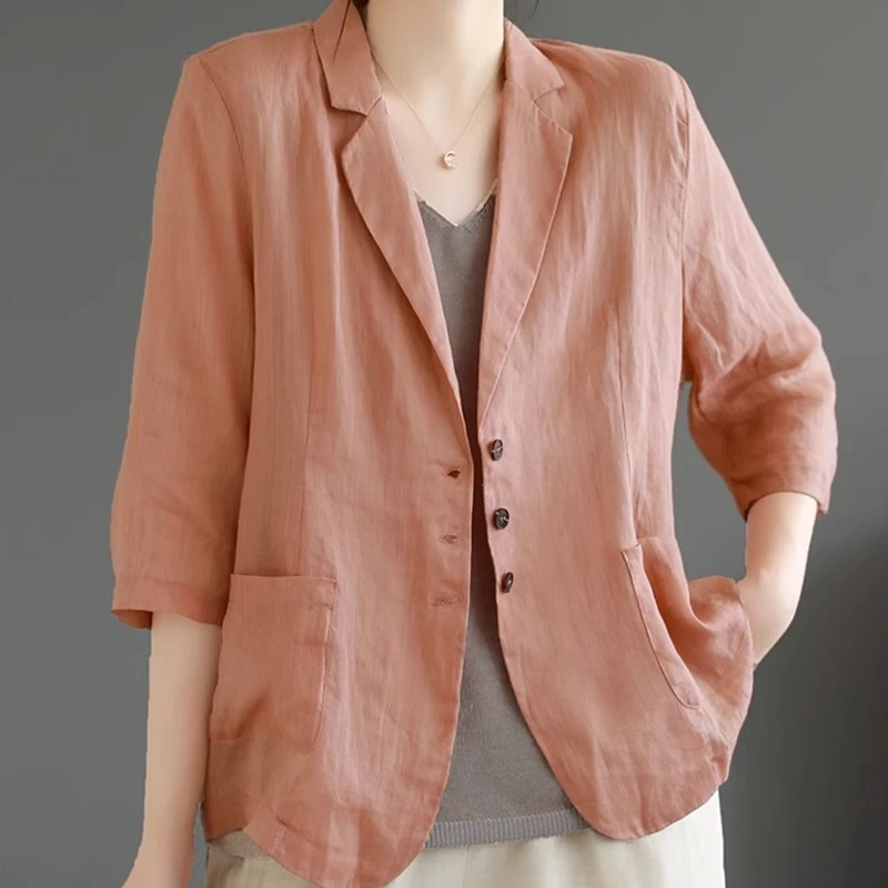 文艺复古新款纯色空调衫棉麻西服外套女百搭防晒衣显瘦单排扣上衣