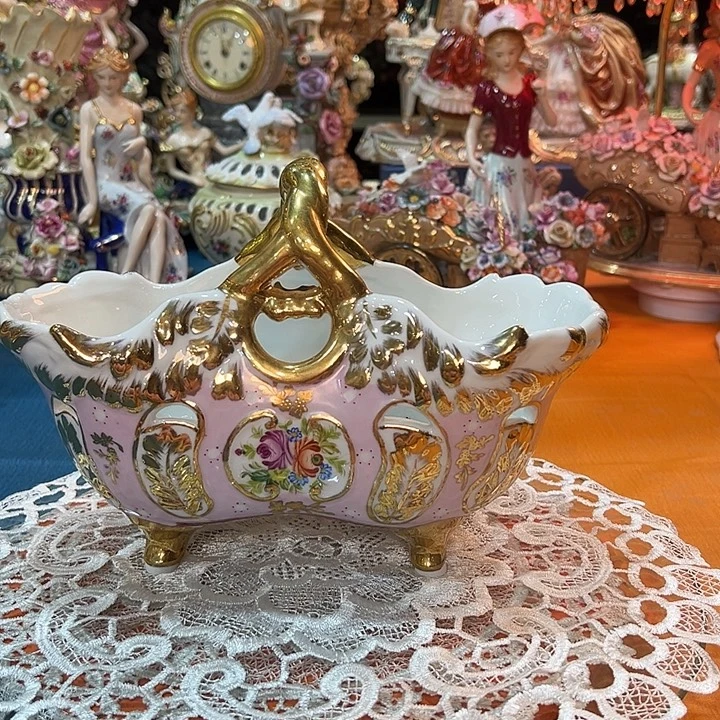 陶瓷粉色提篮 长宽高：30×15×20厘米左右 老货库存