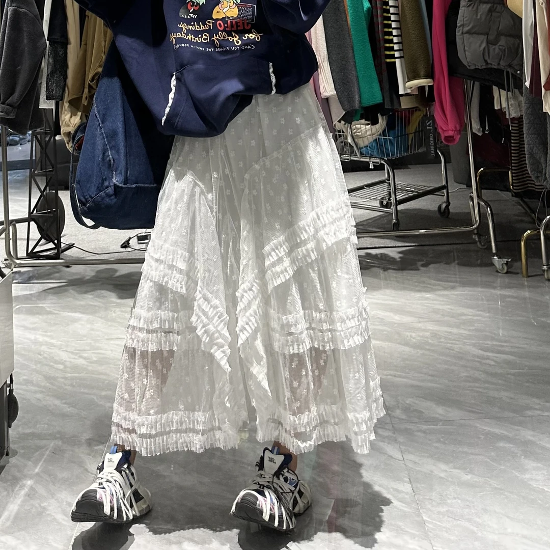 （老三）韩版显瘦高腰百褶裙百搭甜美大摆长裙蕾丝网纱半身裙