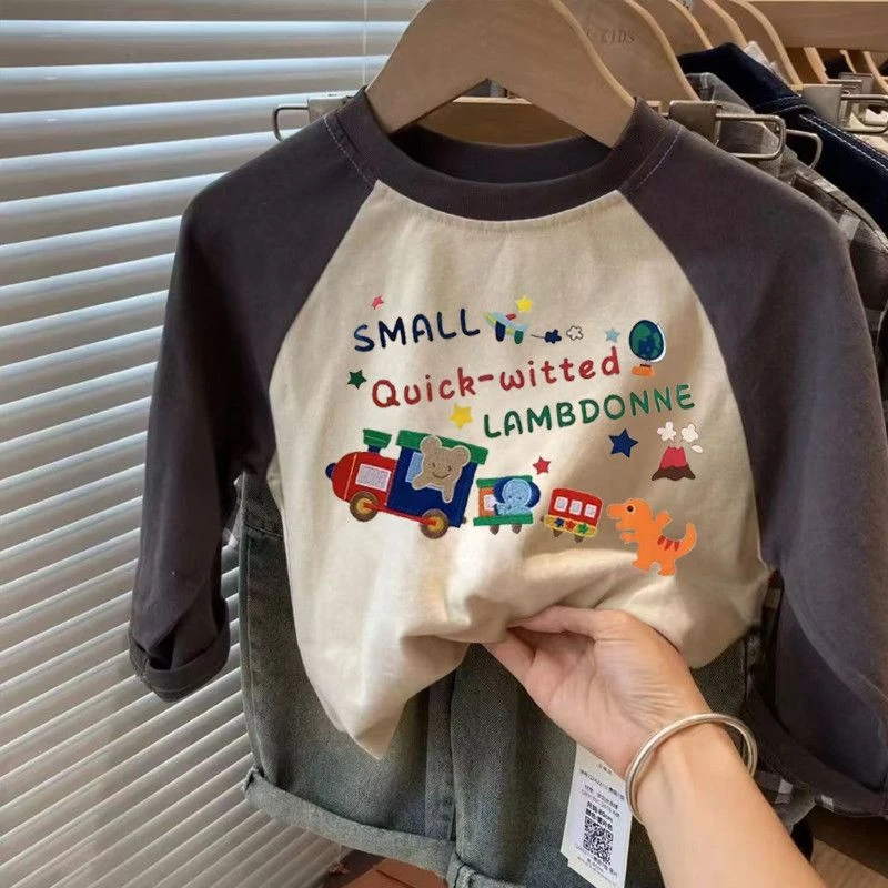 儿童长袖T恤2025秋季男童纯棉t恤卡通小小火车印花体恤宝宝打底衫