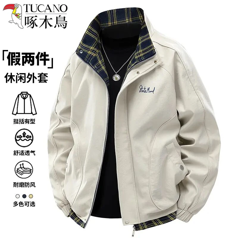 啄木鸟假两件外套男士春秋季美式立领痞帅百搭宽松休闲夹克上衣服