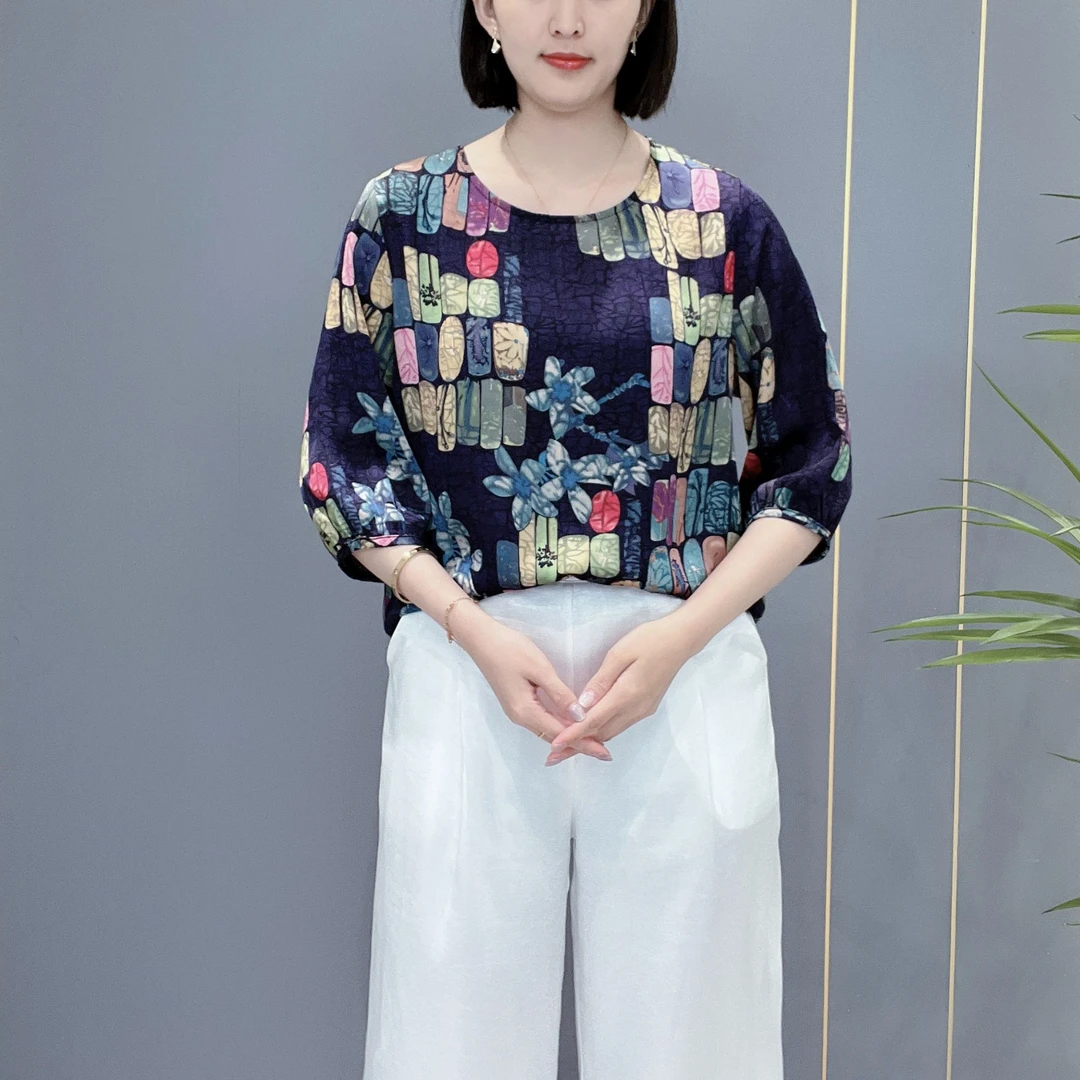 锦绘雅衣2025春季新款圆领半袖轻奢高定中老年女士休闲百搭小衫