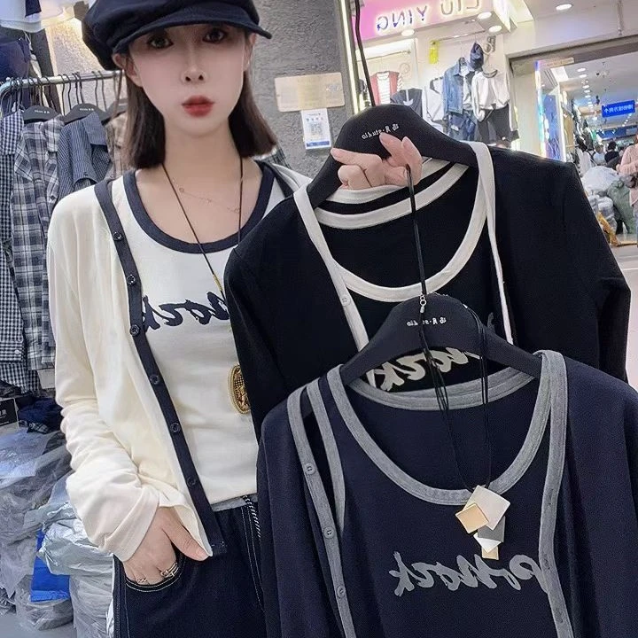 1110时尚简约百搭单排扣长袖开衫内搭背心女出游服装