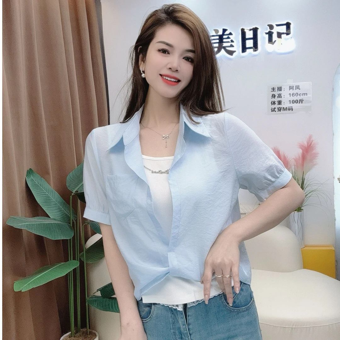 【艾美日记】时尚韩版休闲防晒衬衫2025夏季新款叠穿设计感假两件女