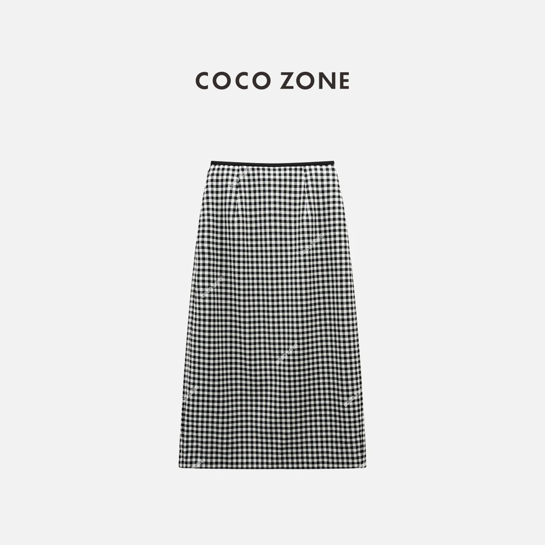 COCO ZONE 刘一一“黑白格” 格纹半身裙气质通勤中长裙CC1C1830