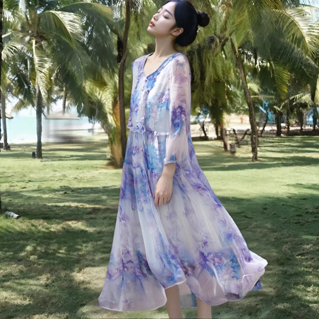 新款桑蚕丝宽松连衣裙仙女裙百搭气质轻奢花色显瘦时尚LW  1274