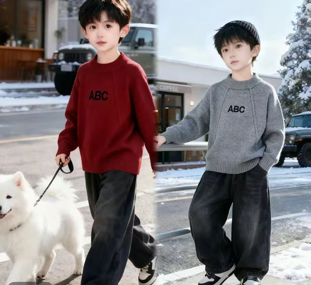 一体绒男童毛衣2025冬季新款加厚加绒刺绣洋气百搭套头针织打底衫