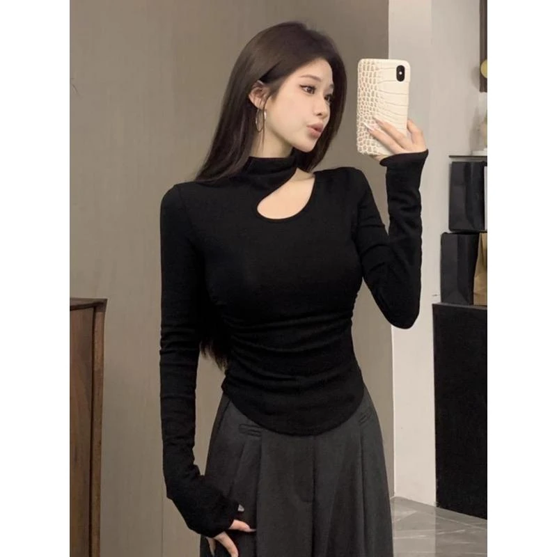 大码胖mm秋冬镂空露锁骨半高领黑色打底衫女内搭修身T恤长袖上衣