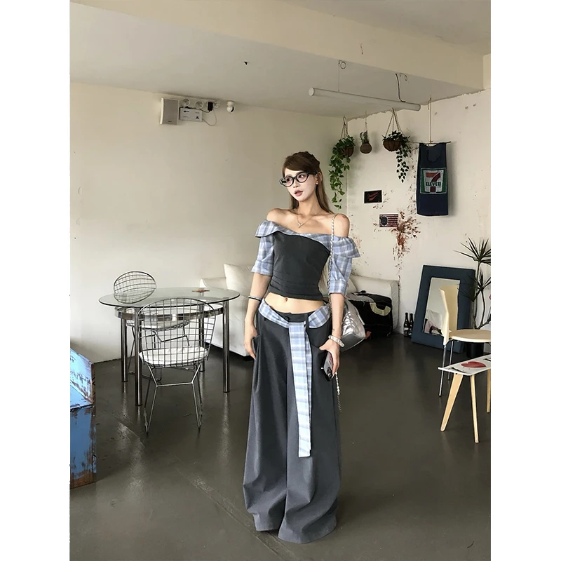 【七颗虾滑】2025新款夏季格纹拼接衬衫252H1944+休闲裤252H1717