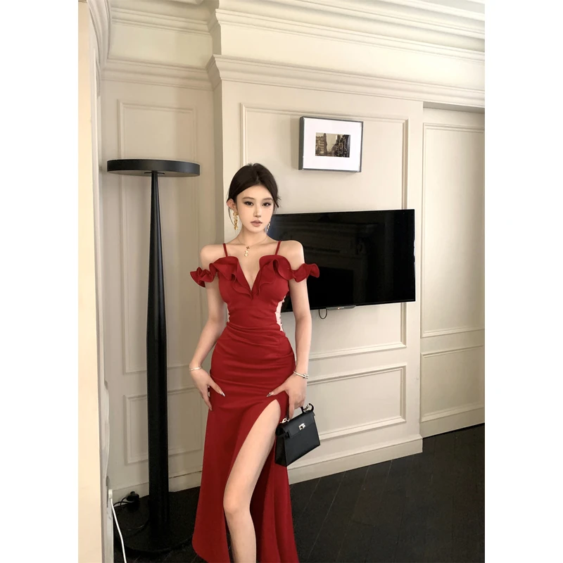 法式气质性感吊带露肩荷叶边连衣裙网纱拼接收腰长款开叉长裙女夏