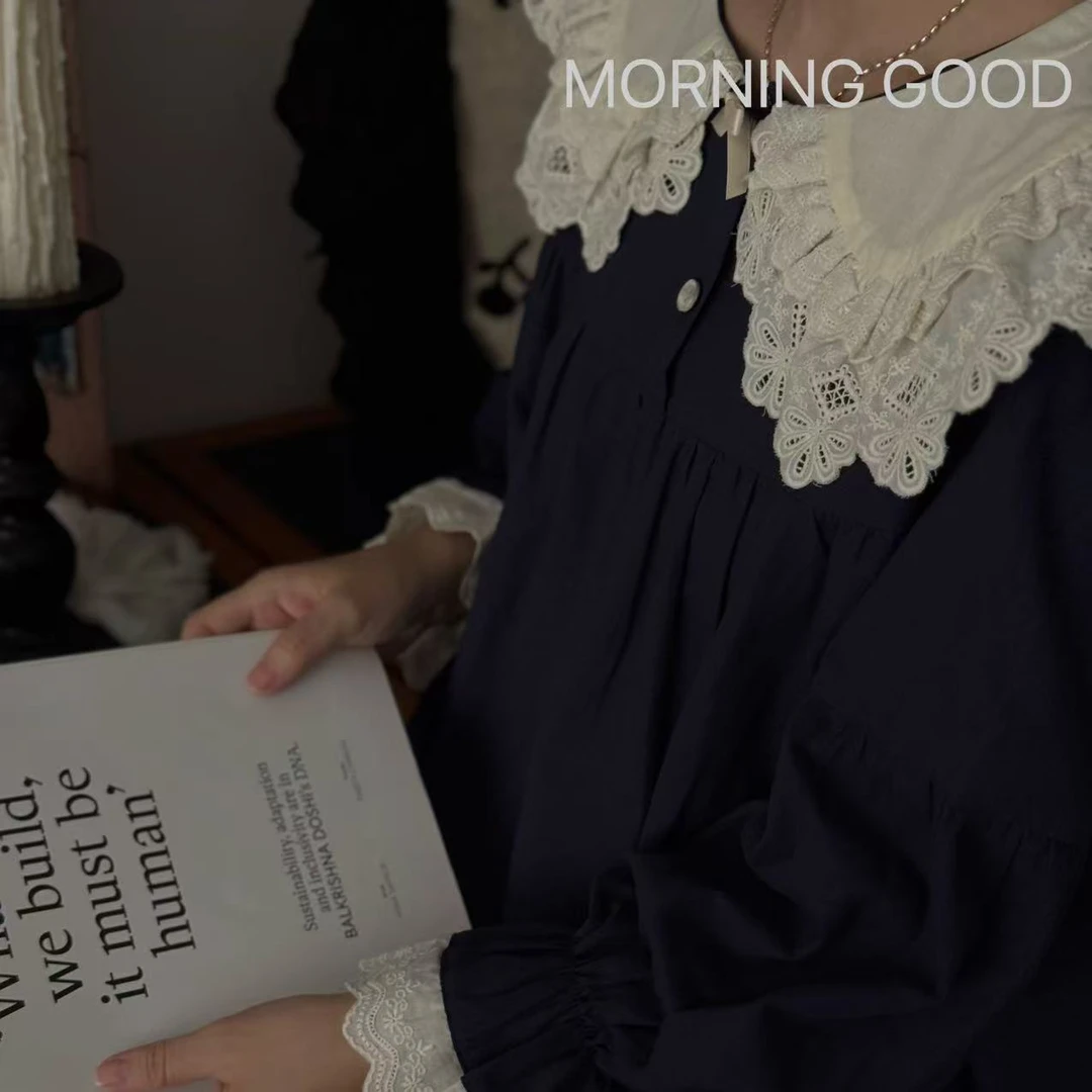 【MORNING  GOOD】小众法式定制经典藏青色棉蕾刺绣花边睡衣家居服