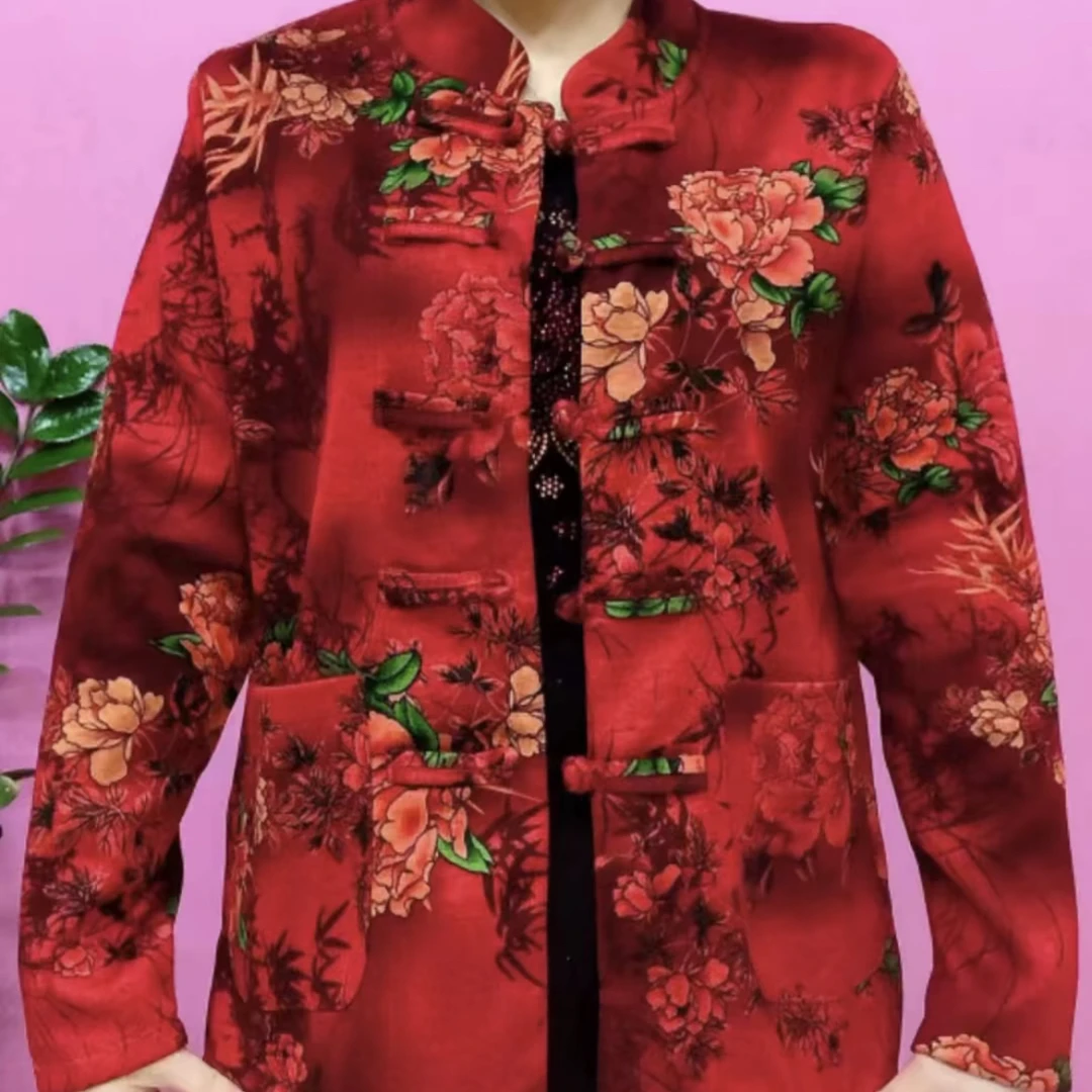 中老年立领牡丹花印花盘扣加绒开衫外套妈妈装
