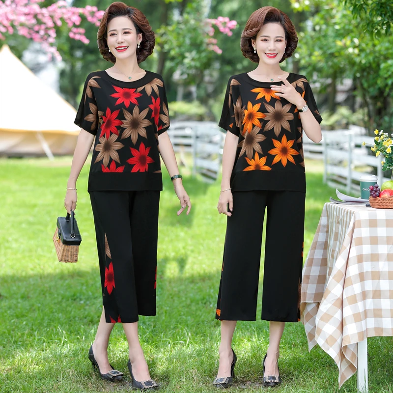 妈妈夏装套装洋气50岁中老年夏季大码短袖T恤雪纺上衣两件套女