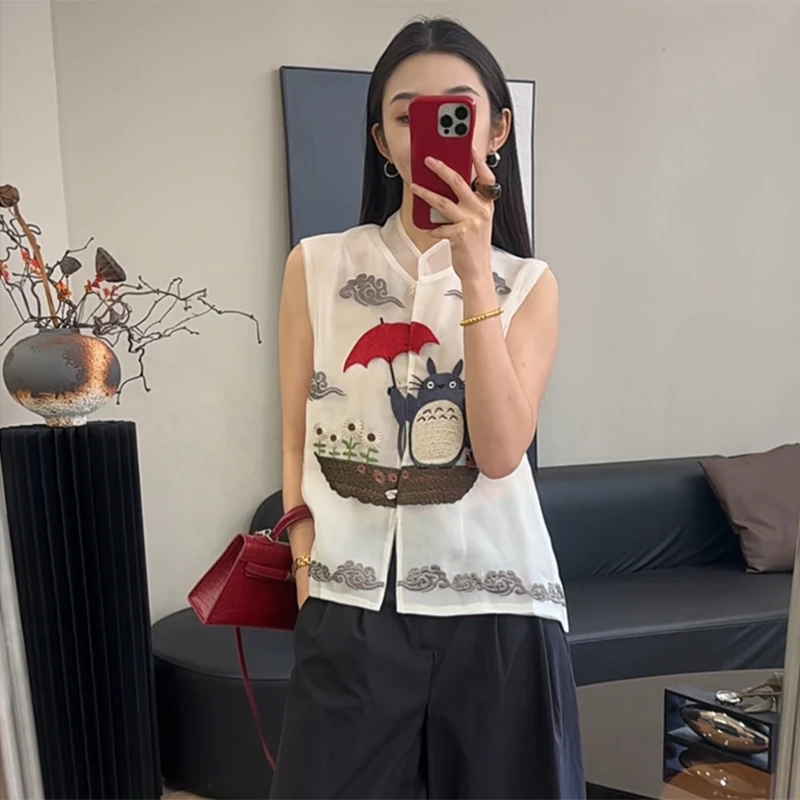 卡通刺绣马甲无袖背心T恤女夏季2025新款新中式国风立领小众上衣