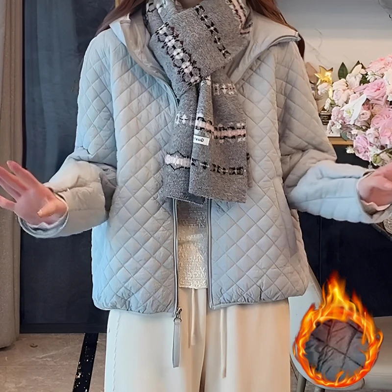 连帽保暖棉服外套女冬季新款宽松简约时尚休闲设计感显瘦菱格棉衣