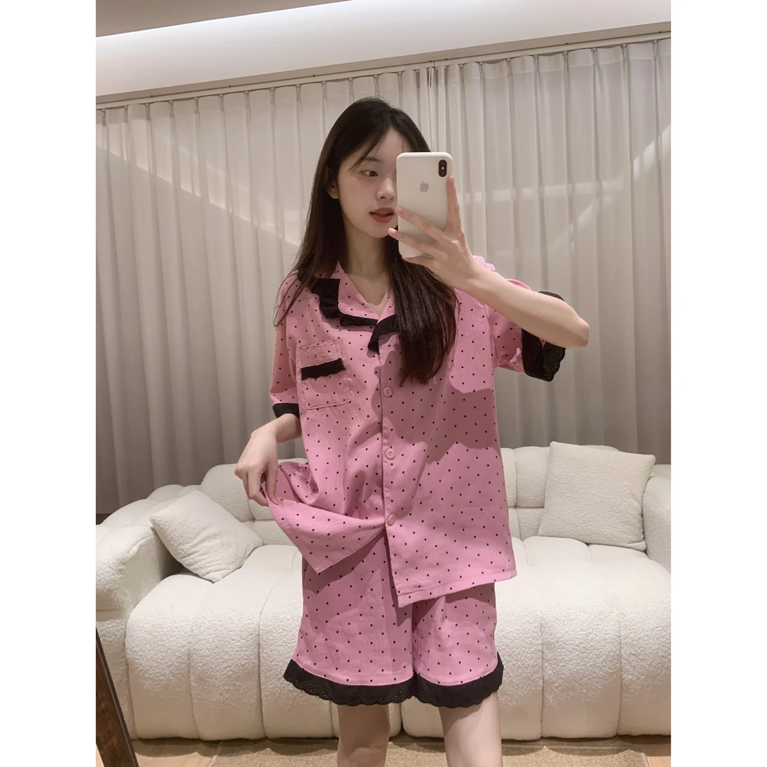 甜美风ins拼接花边波点短袖睡衣女夏季小个子短裤家居休闲套装女
