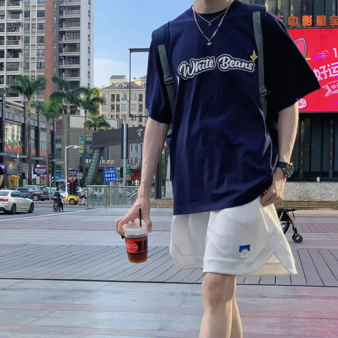 白豆的制衣间原创少年感星星字母发泡宽松情侣双纱棉短袖上衣半袖