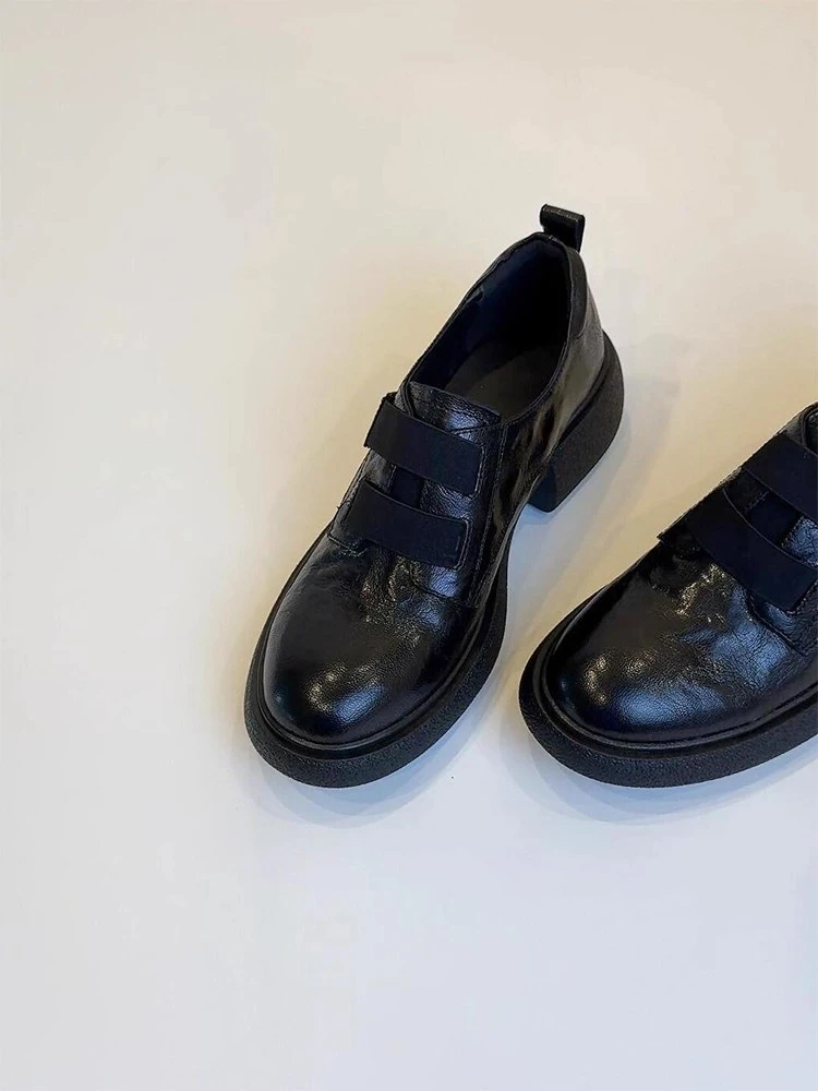 森唔~羊皮版英伦风厚底魔术贴乐福鞋女一脚蹬舒适粗跟静音小皮鞋