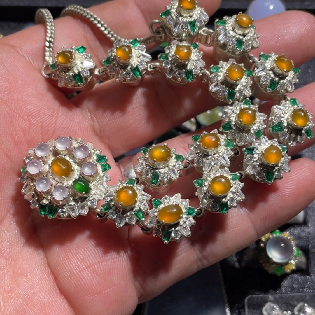 翡翠配石冰黄翡套链