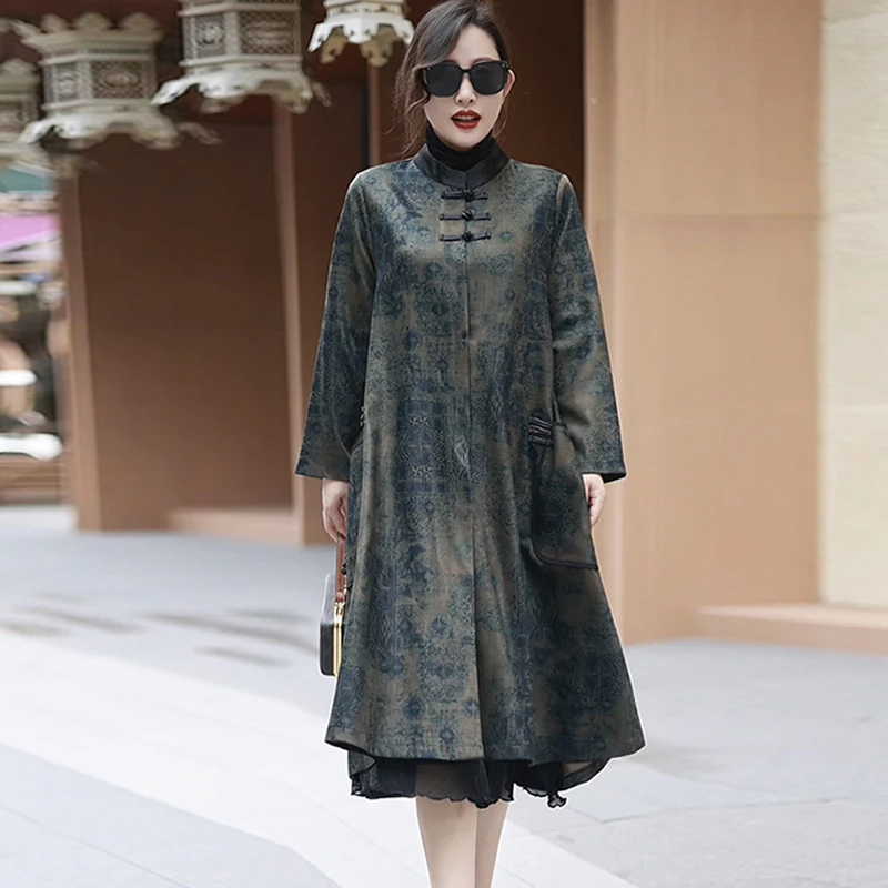 春季新款中老年妈妈宽松大码气质时尚中长款大衣立领风衣太太外套