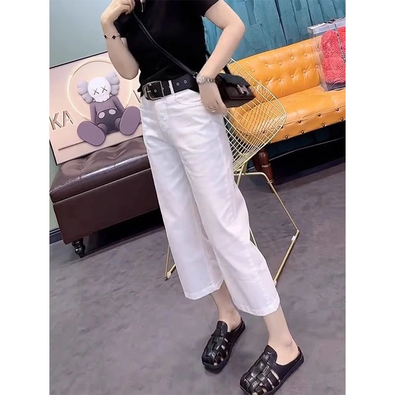 大码白色牛仔裤女夏季薄款高腰胖mm宽松显瘦休闲直筒九分阔腿裤子