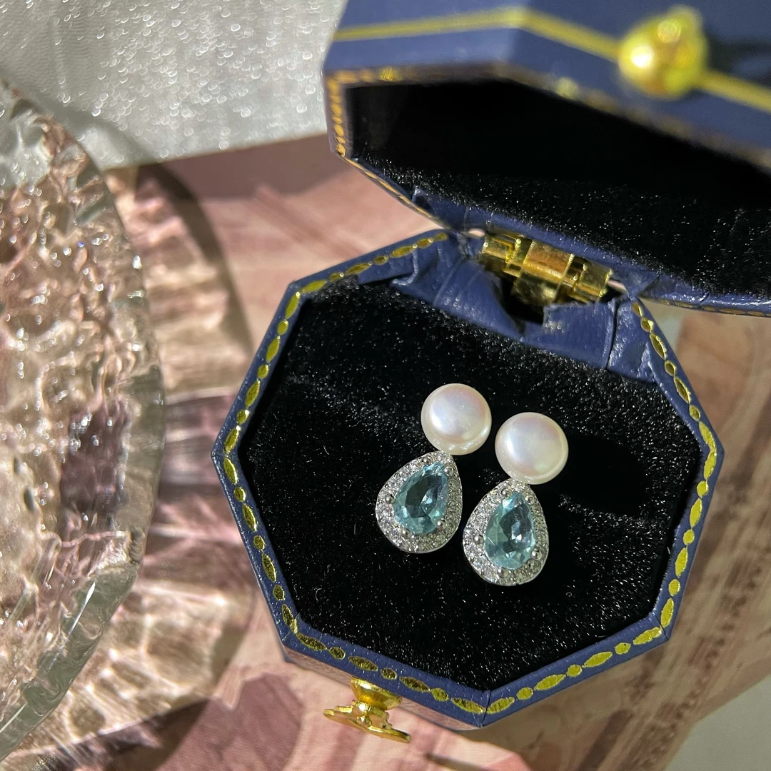 S925银针天然淡水珍珠蓝水滴耳钉简约小巧清冷感时尚设计百搭女