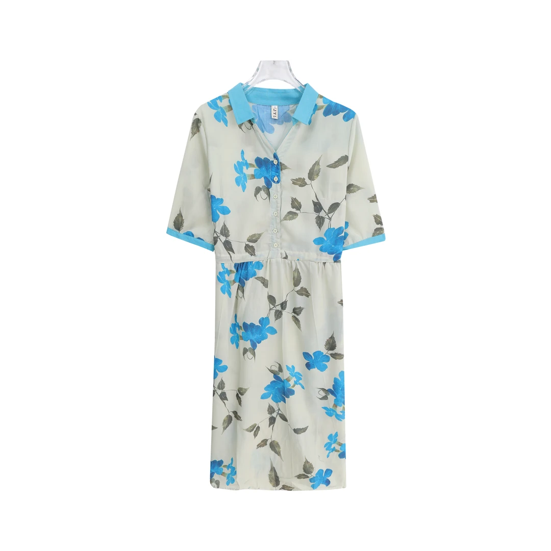 气质碎花时尚短袖抽绳收腰衬衫连衣裙A13246