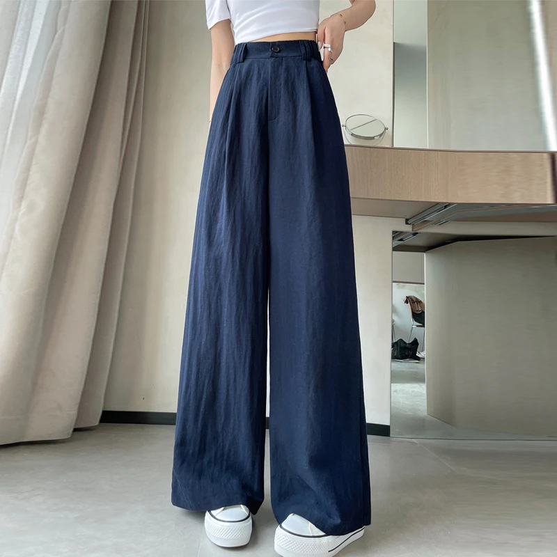 藏青色亚麻阔腿裤女夏季薄款高腰宽松显瘦冰丝垂感棉麻西装裤女士