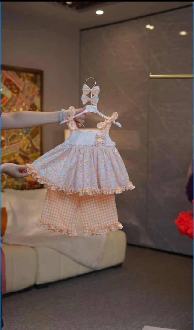 【碎花套装】夏季休闲女孩甜美时尚女童法式碎花套装女格子