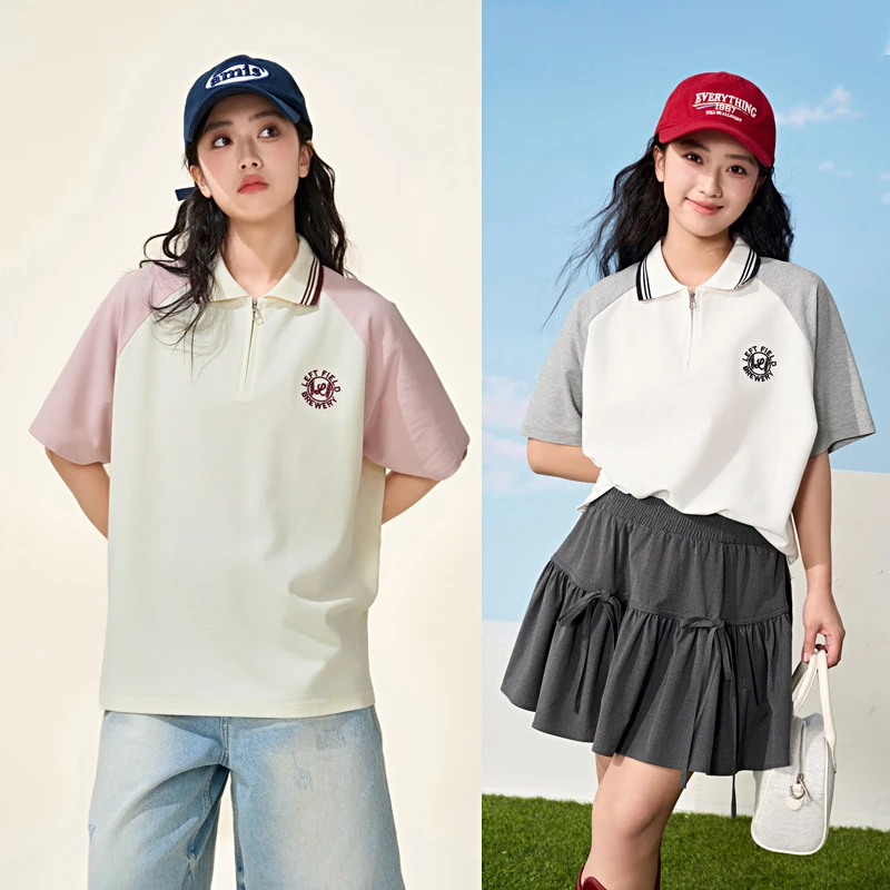 女大童夏季短袖T恤2025新款女童洋气polo衫学院风翻领体恤衫上衣